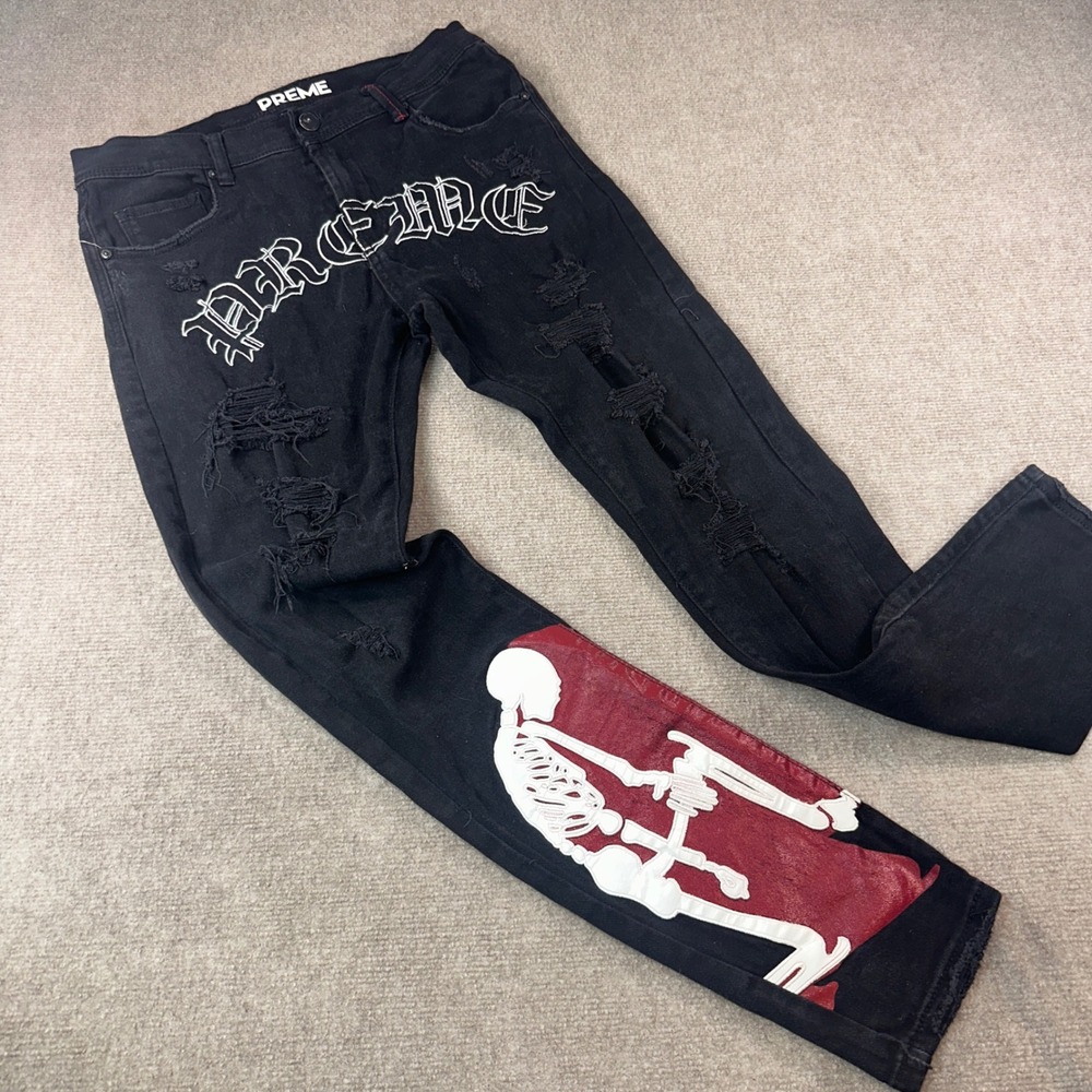 PREME Mens Black Distressed Skeleton Graphic Gothic Embroidered Jeans 34x33